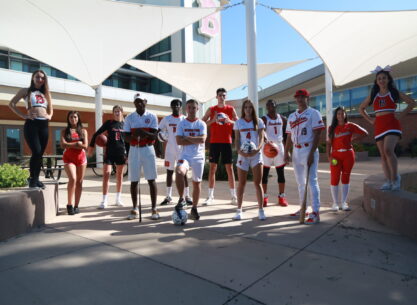 Mesa athletes in front of Gillett Hall