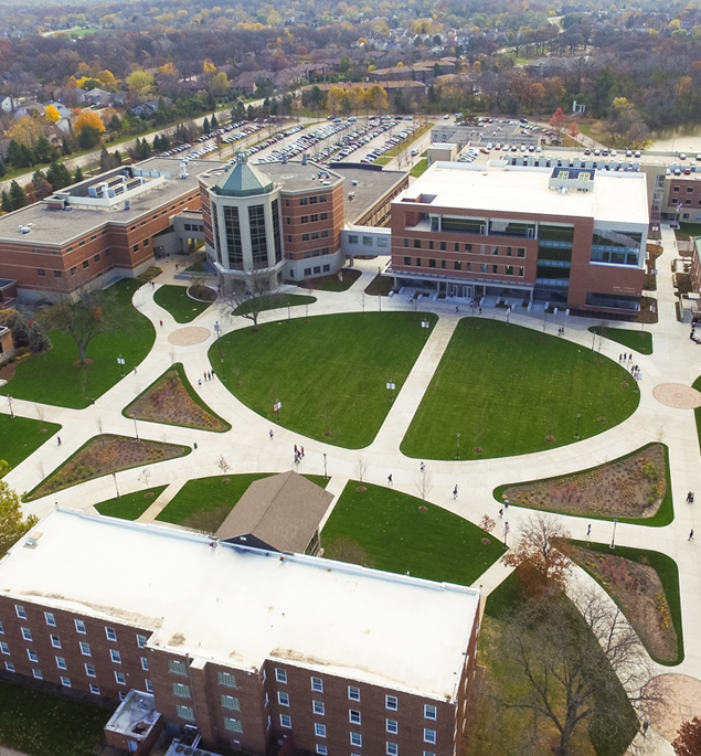 Aerial view of Birck Hall, Kindlon Hall, Goodwin Hall and Jaeger hall with quad in the center