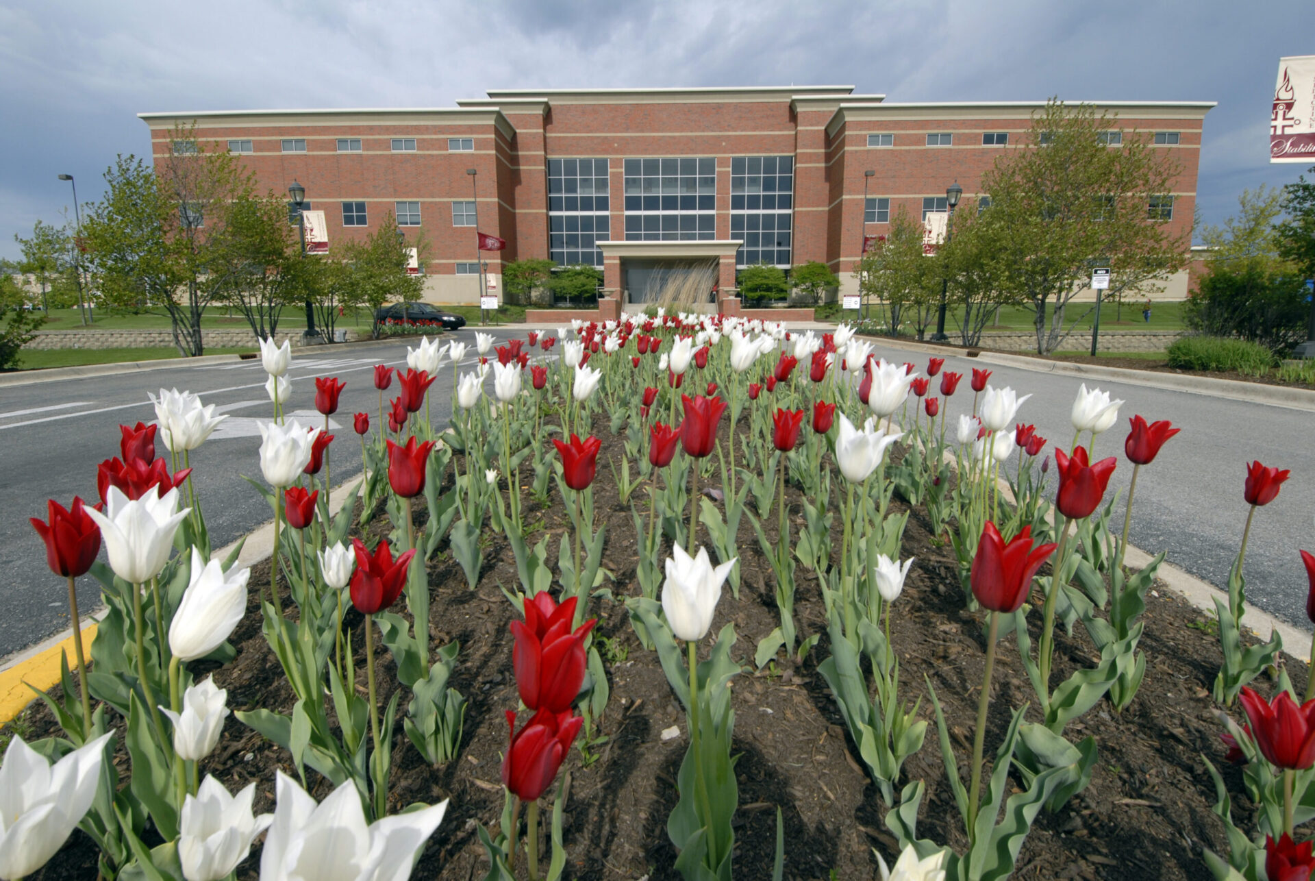 Birck Exterior at campus entrance in front of tulips