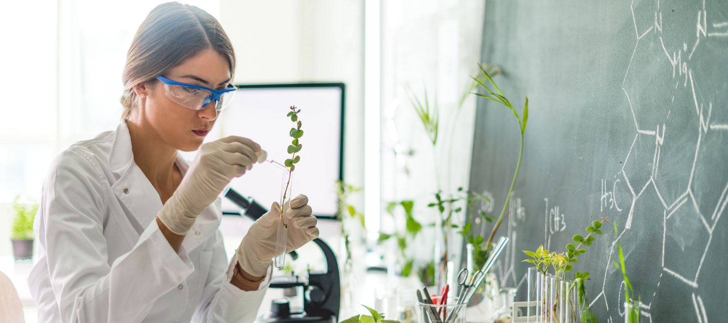 female student studying a plant during lab time; biochemistry, molecular biology