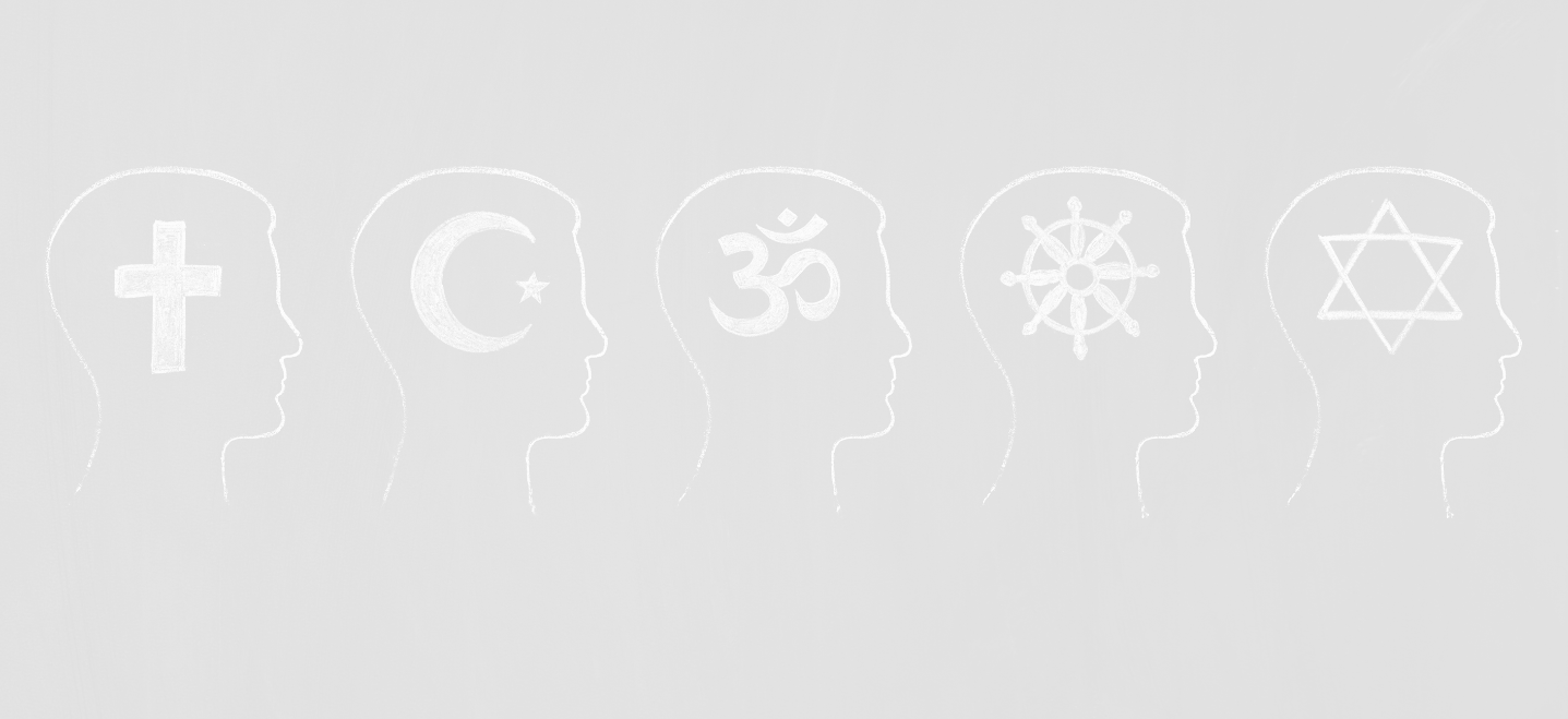 graphic of head profiles with different religious symbols in each head; theology