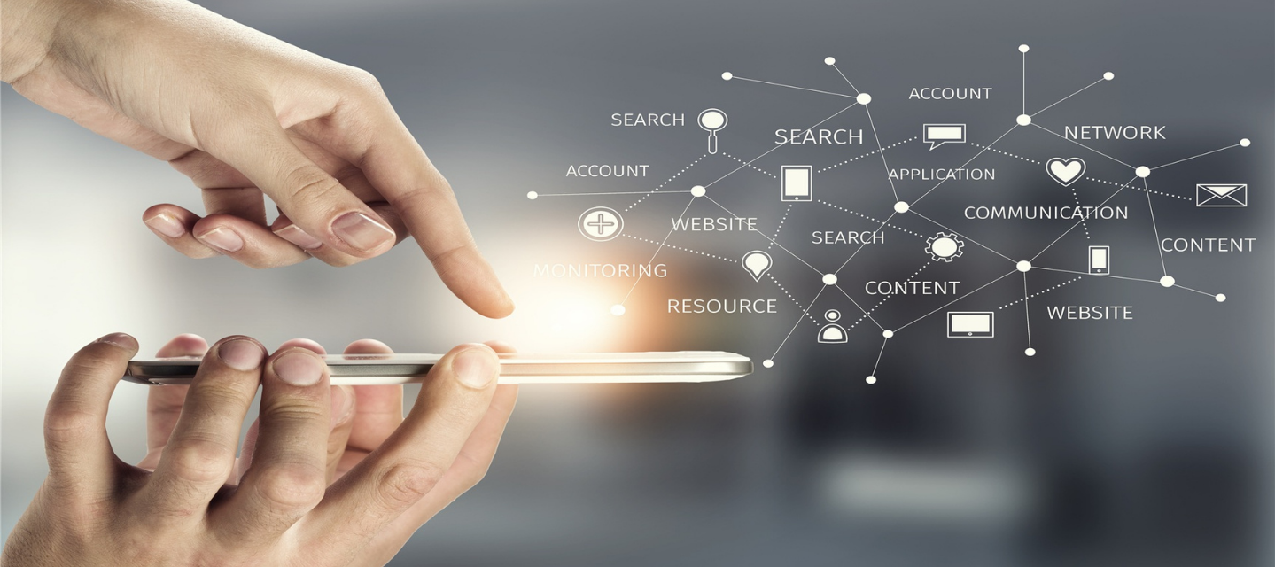 hand going to push on a button on an iPhone that is glowing, words and symbols are graphically generated above phone; data science