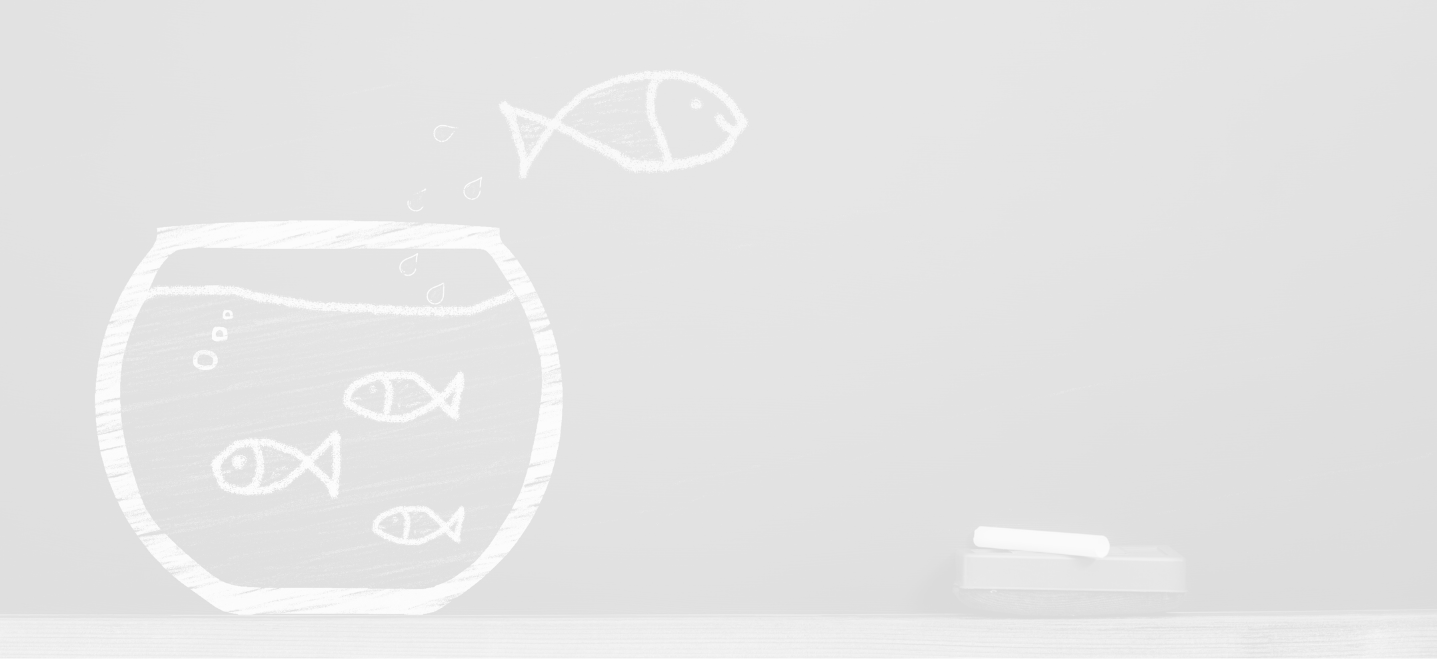 chalk drawing of a fish bowl with 3 fish in it and one fish that is jumping out of the bowl; image has a white overlay