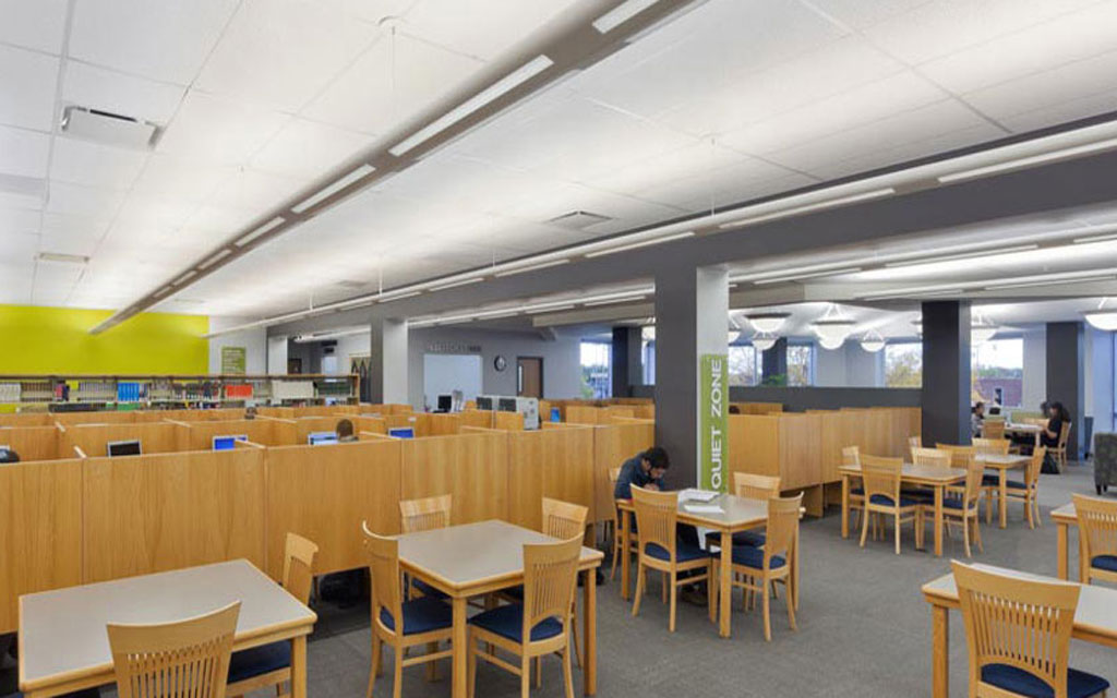 tables in the university library located in Kindlon Hall, Lisle campus