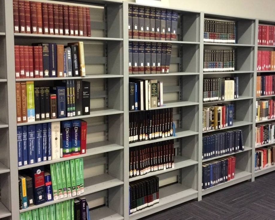 shelves of books in the library on Mesa's campus