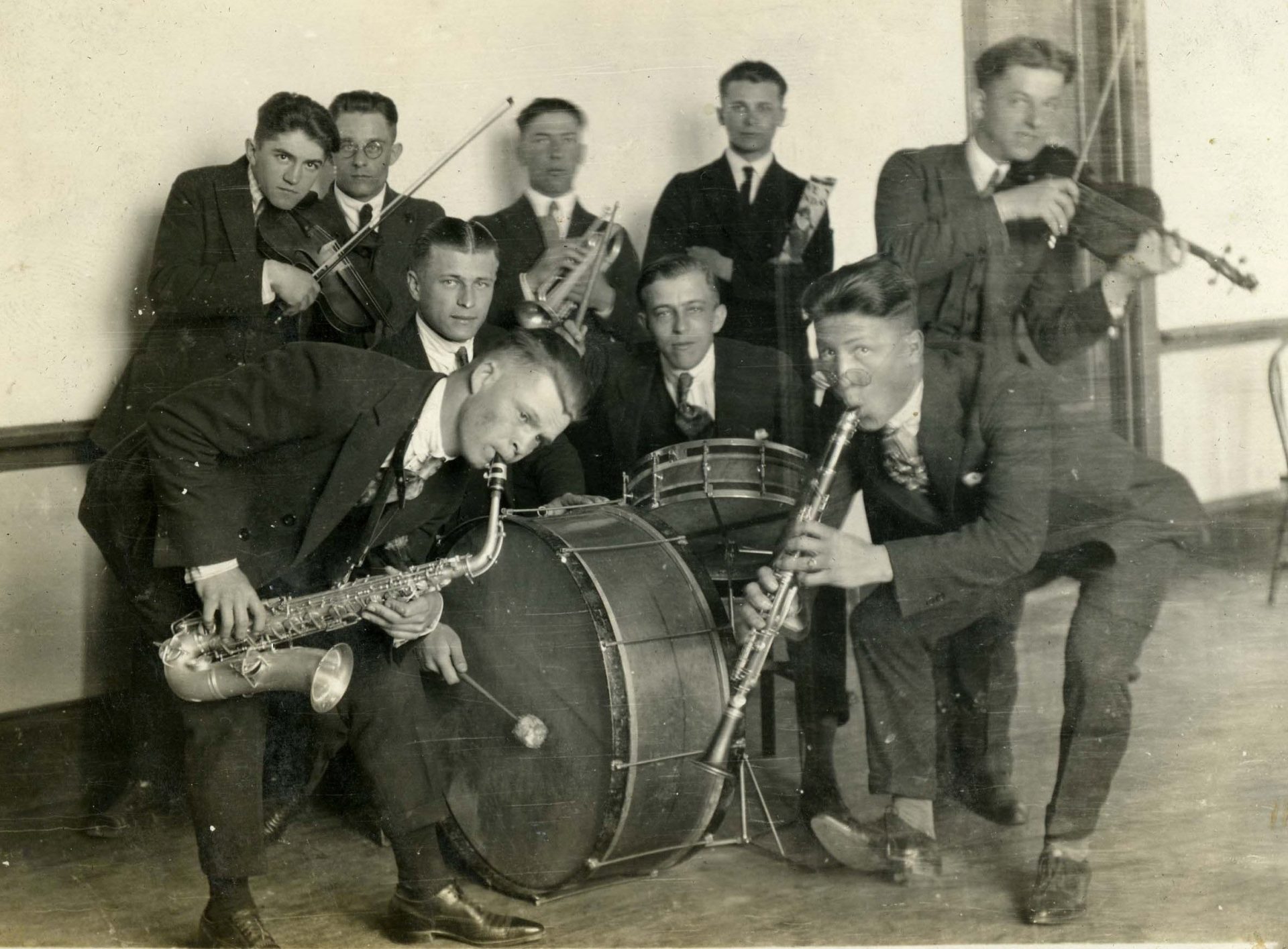 Historic black and white photo of a small band from the early days of St. Procopius; Online resources