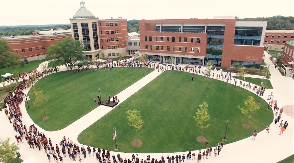Benedictine's Lisle campus quad with students all around the circle; student life