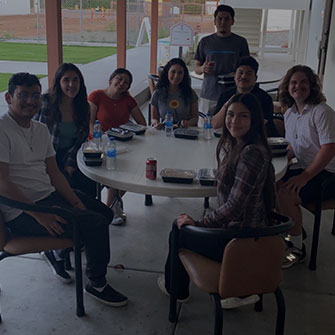Group of students sitting at a table having lunch
