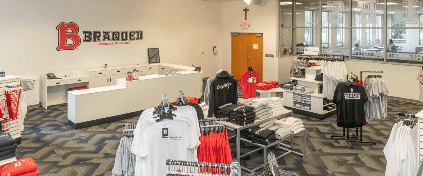 BBranded Store, looking over the clothing in the store on the Lisle campus