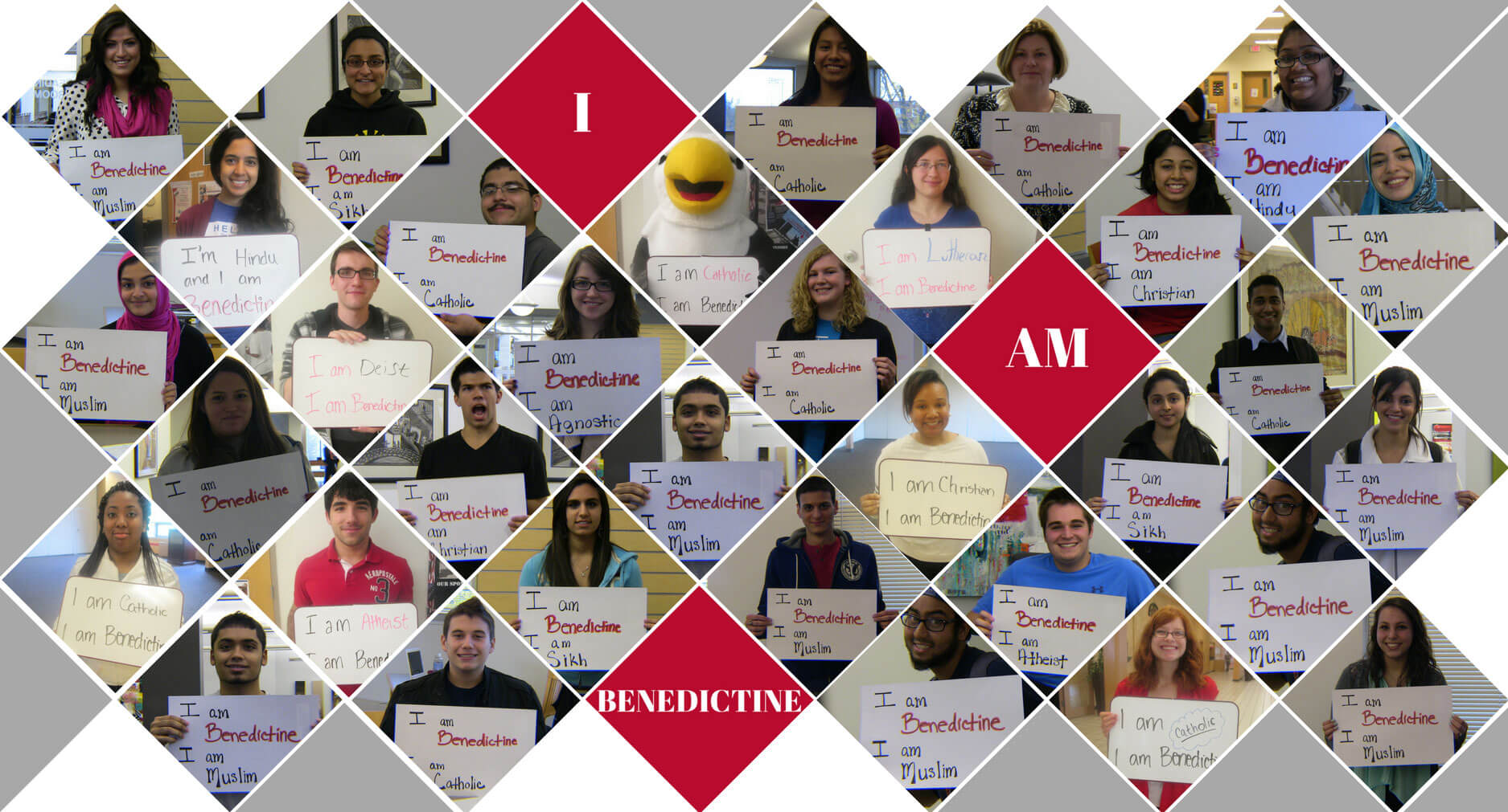 BenU Mosaic collage, students holding up cards describing themselves; I am Benedictine