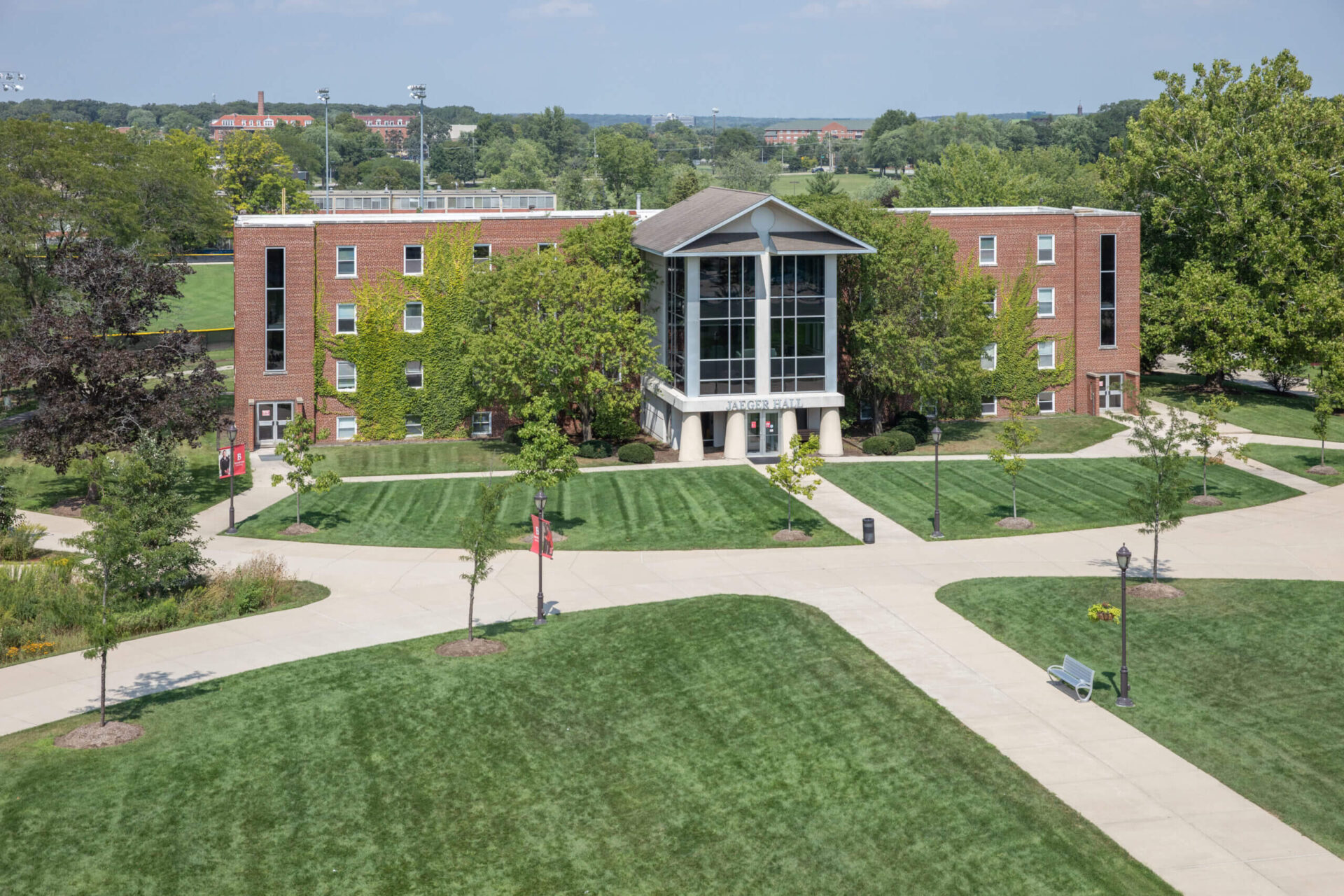 Aerial view of Jaeger Hall and quad, Lisle campus