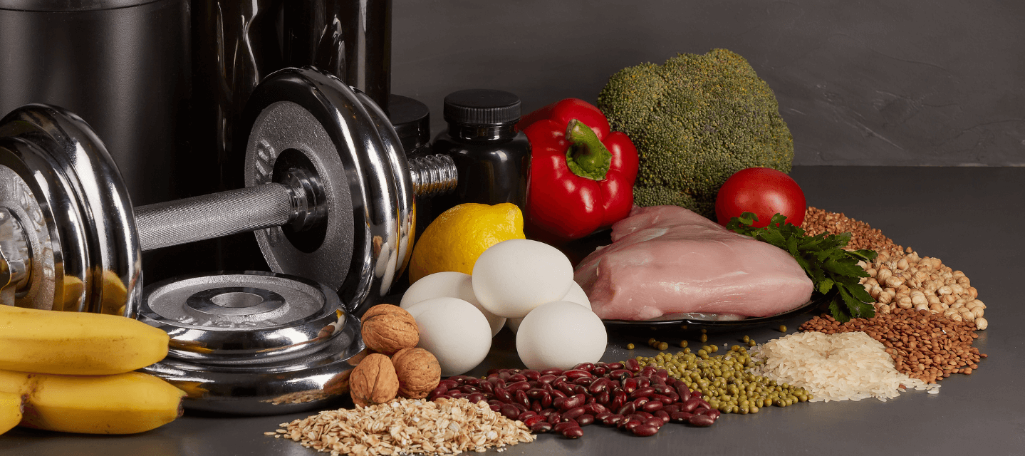 nutrition and food sciences, food on table with weights
