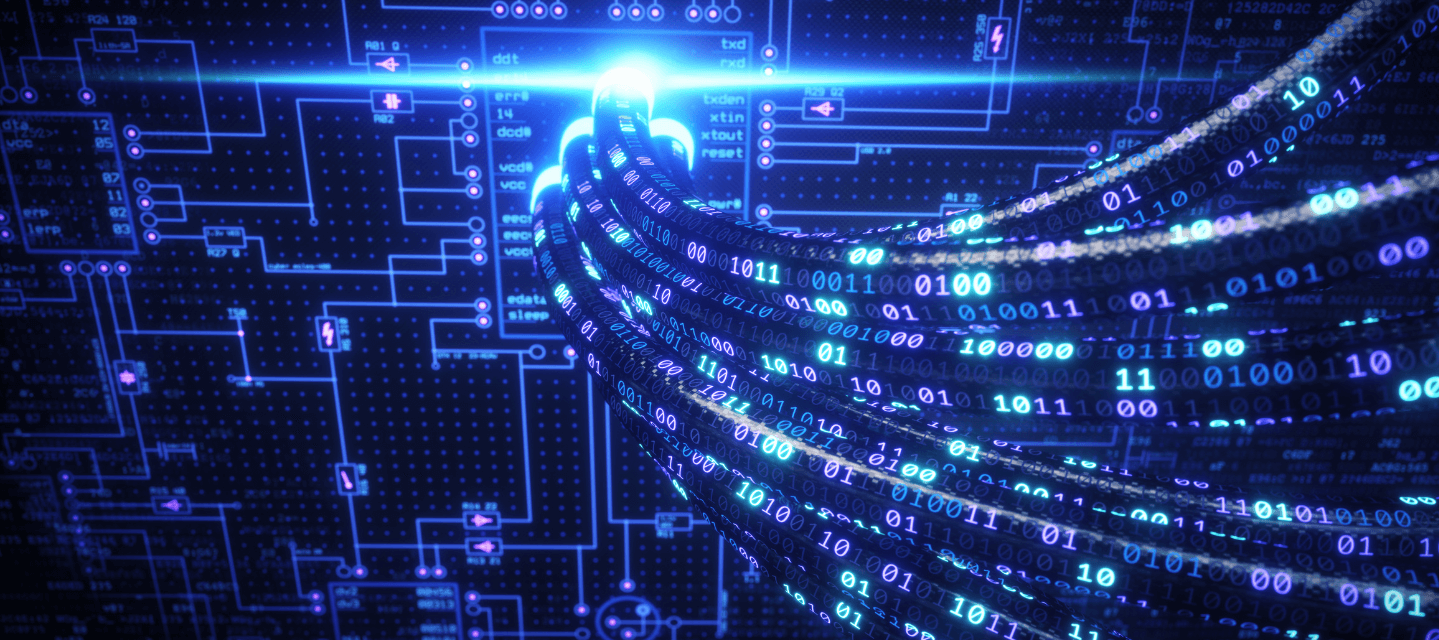 binary code on graphic wires coming out of a computer board; management information systems program