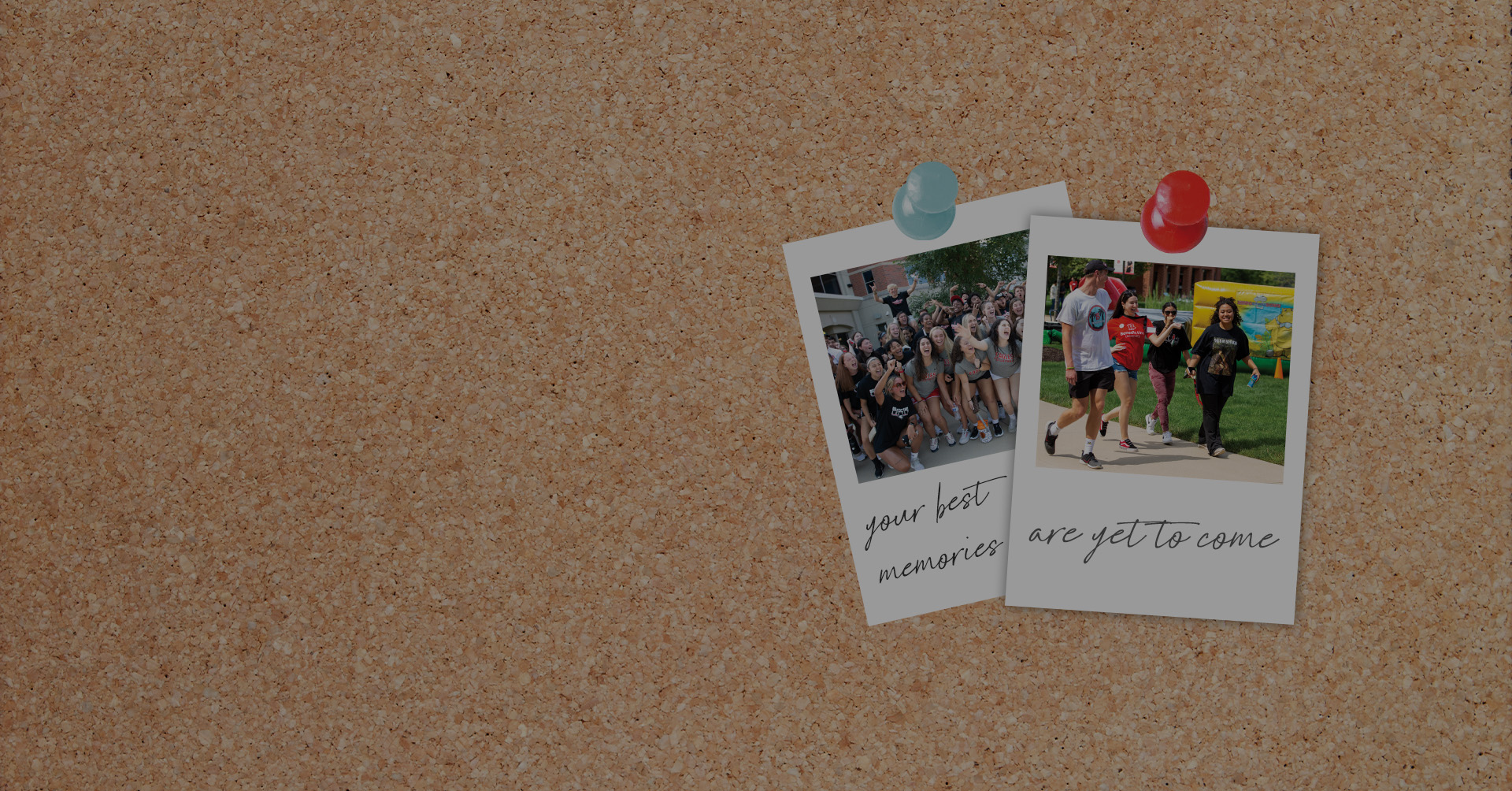 two photos of people are pinned to a cork board.