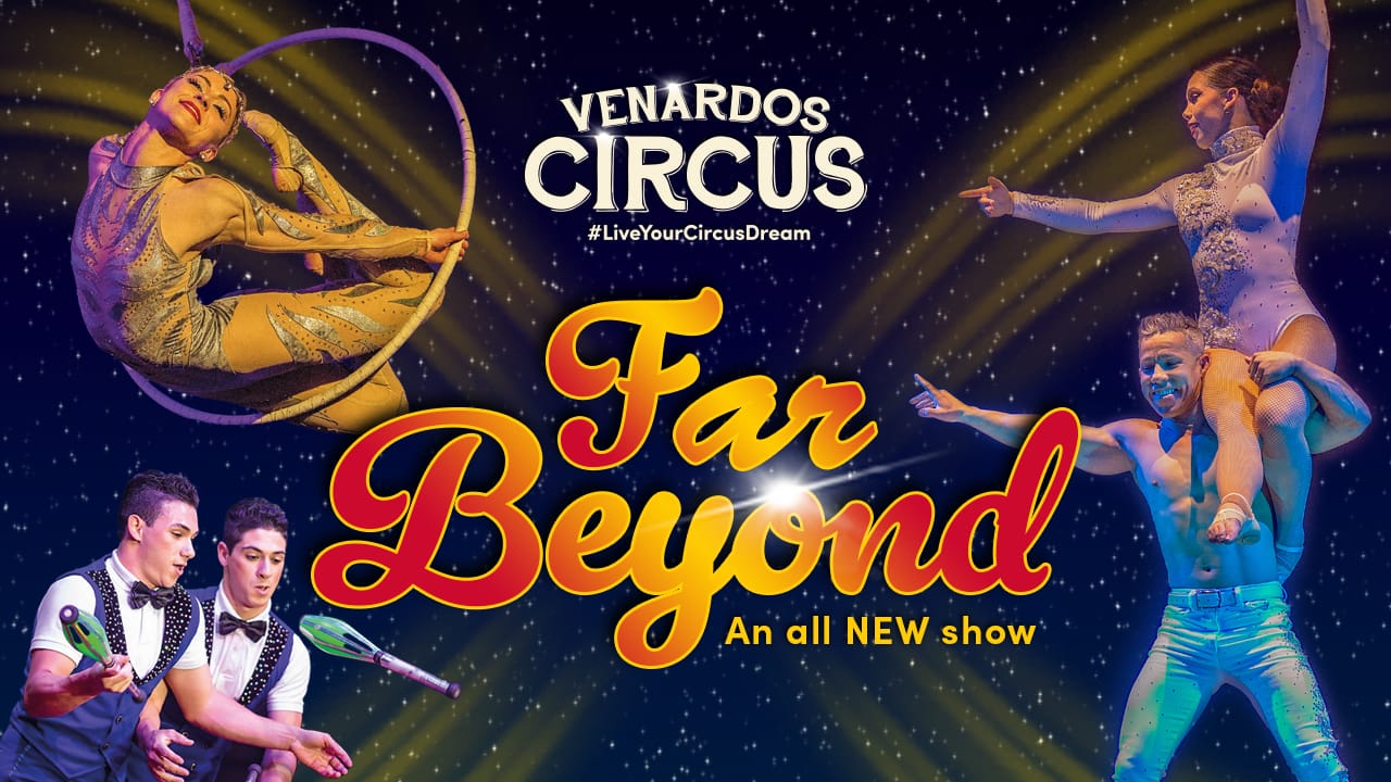 Image of the flyer for Venardos Circus. It features multiple circus acts