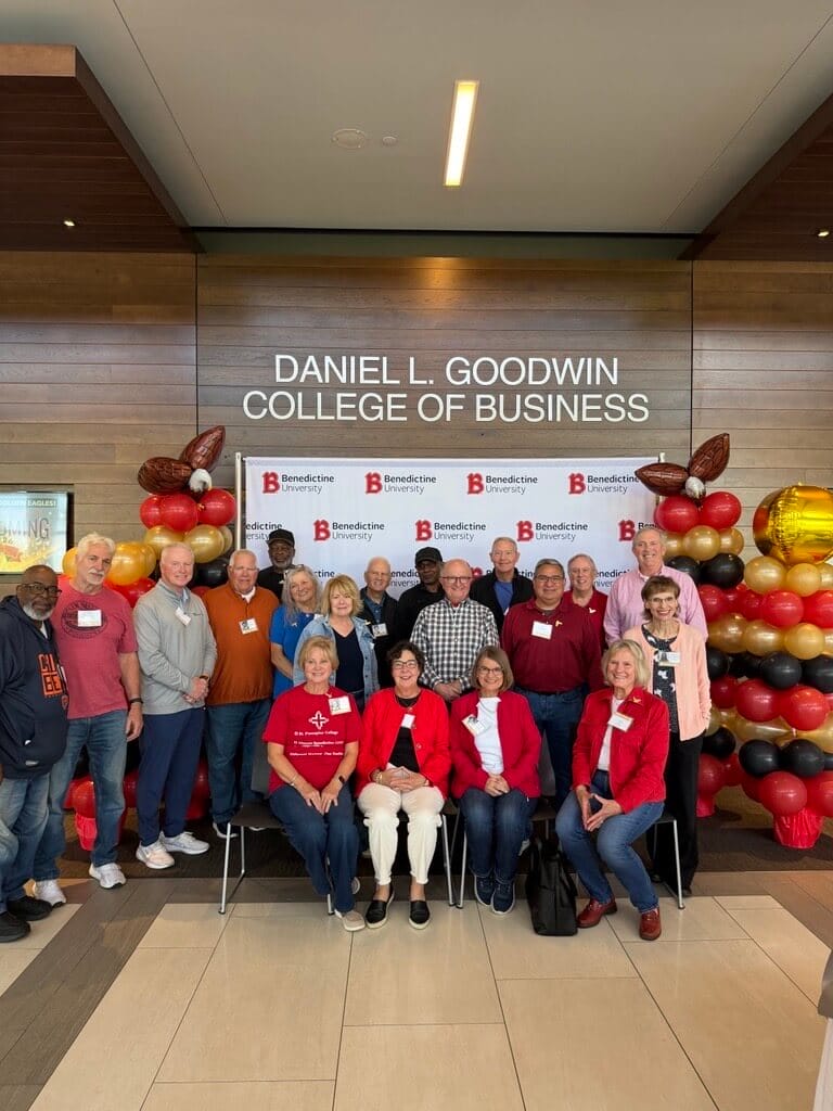 Golden Eagles celebrating in the Daniel L. Goodwin Hall of Business