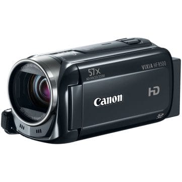 A canon hd video camcorder on a white background.