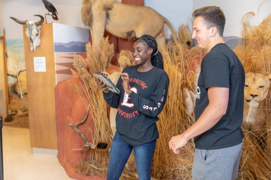 Jurica-Suchy Nature Museum; Two people standing in front of a display of animals.