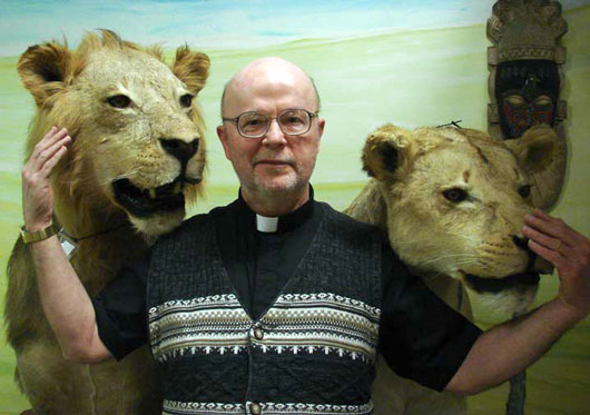 Jurica-Suchy Nature Museum; Fr. Theodore D. Suchy with lions in Museum
